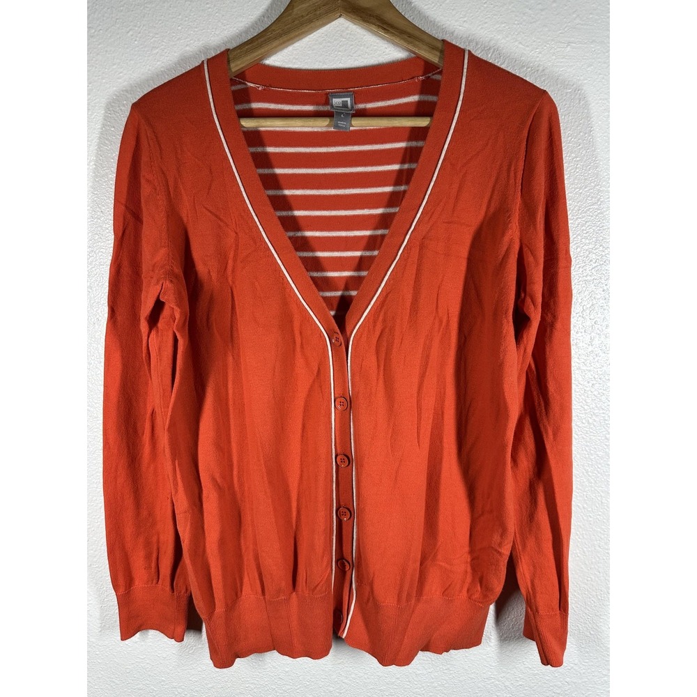 Jcp Cardigan Sweater Womens Large Orange White‎ Stripe Button Front V Neck Trim